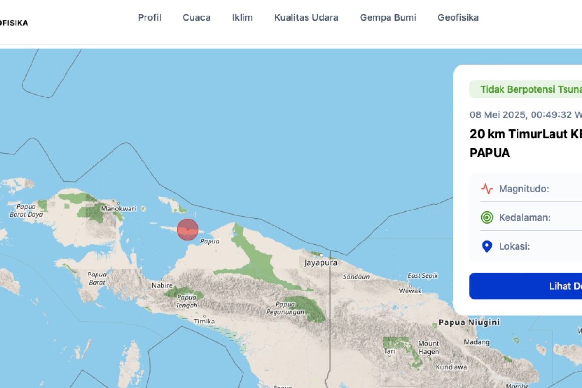 Gempa magnitudo 5,1guncangKepulauan Yapen Kamis dini hari
