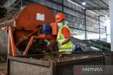 Pekerja mengeluarkan sampah organik dari mesin kompos pencacah di TPSA Bagendung, Kota Cilegon, Banten, Rabu (2/7/2025). Pemerintah Kota Cilegon mendukung program Net Zero Emission 2060 melalui pengolahan limbah sampah organik yang dijadikan sebagai BBJP atau bahan bakar energi alternatif untuk menggantikan sekitar lima persen penggunaan batu bara yang disuplai ke PLTU Suralaya dengan produksi mencapai 10 ton BBJP per hari. ANTARA FOTO/Muhammad Bagus Khoirunas/gp